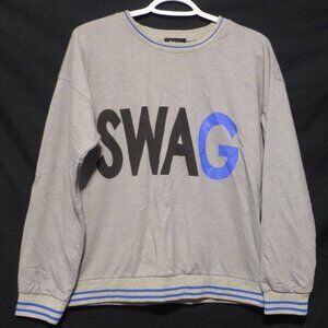 SEDUCTIONS, size large, "Swag" print grey sweatshirt, striped collar and cuffs